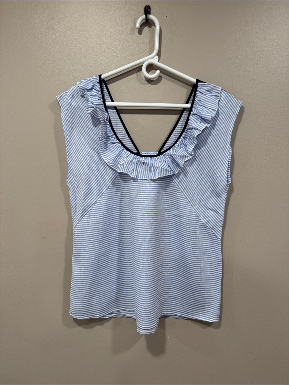 CAbi Light Blue & White Striped Ruffle Scoop Neck Tank with Navy Trim